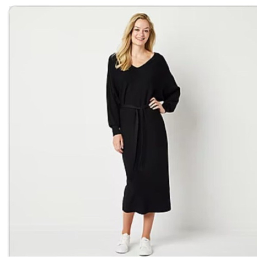 NEW ABBOTT ELEMENTARY BLACK LONG SLEEVE WAIST TIE SWEATER Dress XS